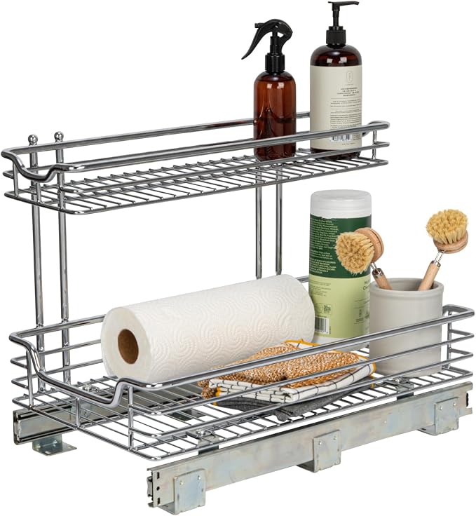 Household Essentials Glidez 2‑Tier Large Multipurpose Chrome‑Plated Steel Pull‑Out/Slide‑Out Under Sink Organizer, Chrome Finish by HouseholdEssentials