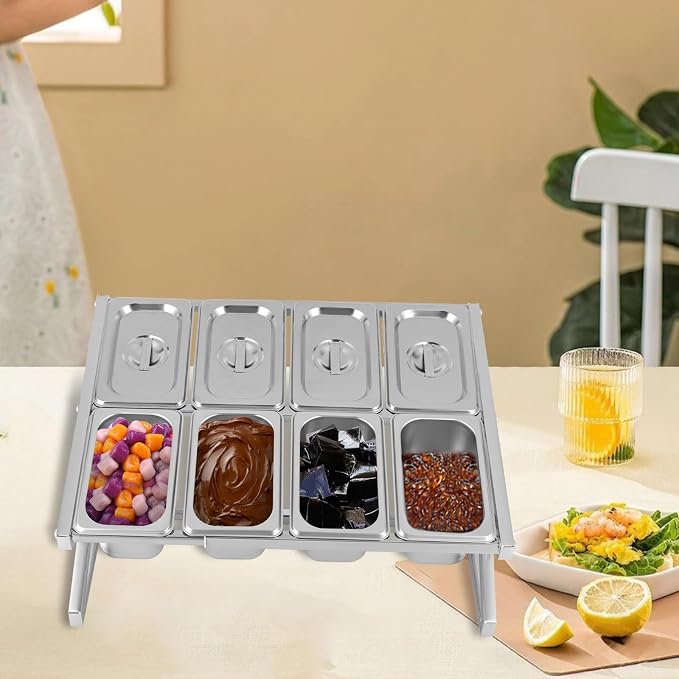 Expandable Stainless Steel Spice Rack Set ,13.98"-25.59" Adjustable Countertop Seasoning Containers, 2-Tier Inclined Organizer Shelf w/ 8 1/9 Pans for Sauce Ingredients Fruits Toppings (8 Pans) - Image 3