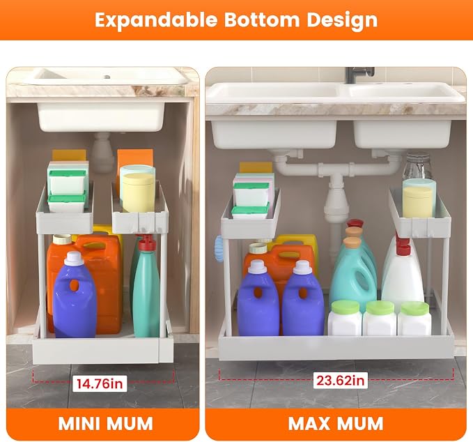 Expandable Under Sink Organizers and Storage,Width Adjustable (14.9-23.6IN),No Drill 2-Tier Pull Out Under Cabinet Organizer for Kitchen Bathroom Laundry White - Image 4