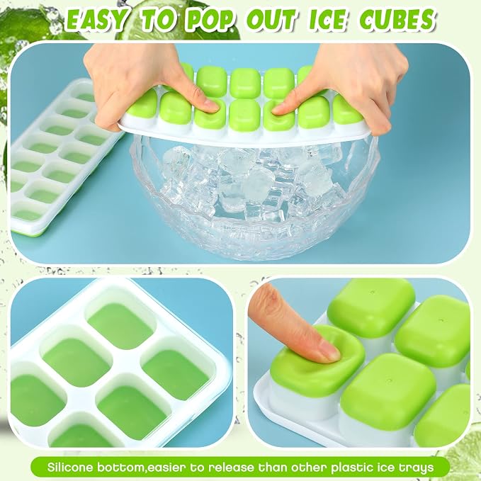 Rtteri 36 Pack Ice Cube Trays Silicone Ice Tray for Freezer Flexible 14 Cube Molds Easy Release Stackable Trays with Lid for Drinks Cocktail Coffee Baby Food (Green) - Image 3