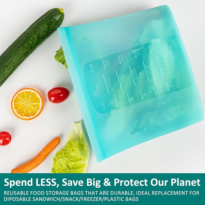 8-Pack Reusable Silicone Food Storage Bags, 100% Silicone Stand-Up Wide-Open Zip-Lock Reusable Storage Bags for Food, Freezer Microwave Oven Dishwasher Safe, Aqua, 2XL(0.8 Gallon) 2M 2S 2XS - Image 7