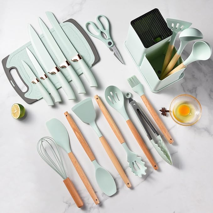 Cooking Utensils Set - 19 Piece Set with 11 Spatulas, 6 Sharp Knives, Silicone Utensils & Cutting Board (Green) - Image 3