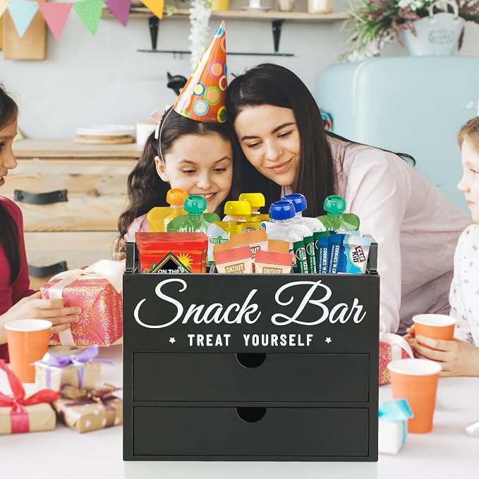 Snack Organizer for Countertop, Wood Pantry Storage Bins with Handles, Snack Organizer for Pantry, Kitchen, 4 Compartment Food Container Snack Box with 2 Drawers, Pantry Organizer for Snacks, Chips - Image 4