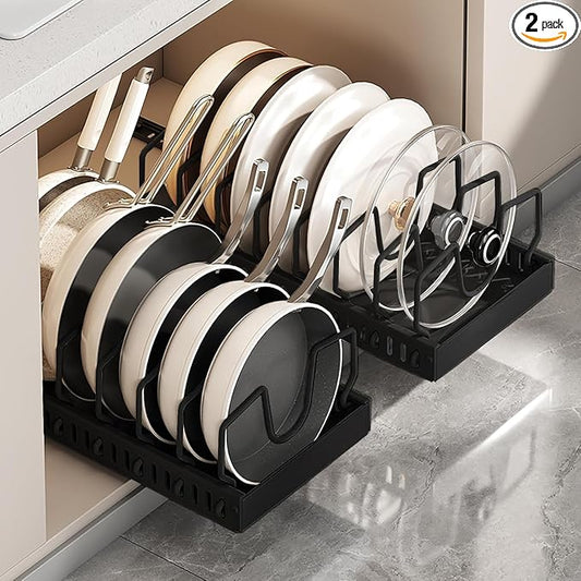 AmoiChic 2 Pack Pull Out Cabinet Organizer for Pots and Pans, Black Storage Rack with 8 Adjustable Dividers, Kitchen Cabinet Organizer for Pot Lids, Bakeware, Dishes Storage by AMOICHIC