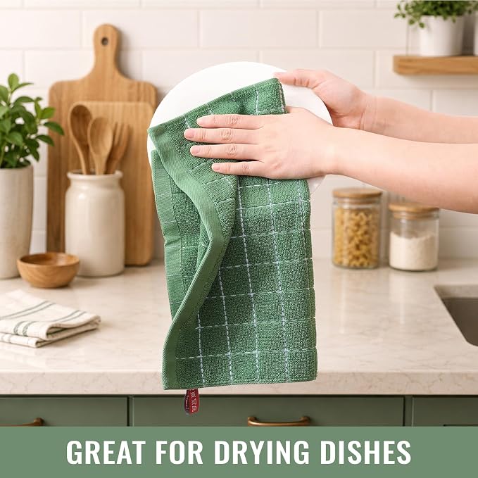 Kitinjoy 100% Cotton Terry Kitchen Dish Cloths, 8-Pack, Grass Green | Ultra Soft and Absorbent Dish Towels for Kitchen, Suitable for Drying and Washing Dishes, 12”x 12” - Image 5