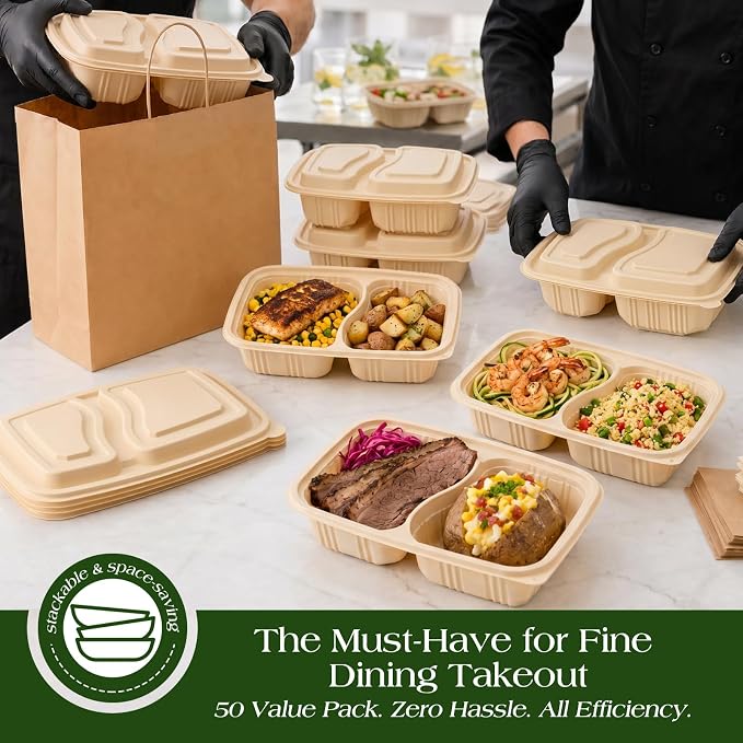100 Piece (50 Pack) Meal Prep Containers Reusable - 2 Compartment 32 oz Cornstarch Snack Containers with Lids - Plastic Food Storage Salad Containers - To Go Lunch Box - Microwave & Freezer Safe - Image 6
