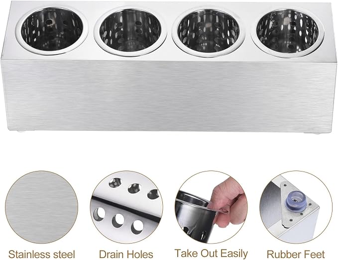 uxcell Commercial Utensil Holder, Stainless Steel Cylinder Flatware Silverware Utensil Holder Caddy Drying Rack Countertop Silverware Organizer (4 Holes) - Image 4