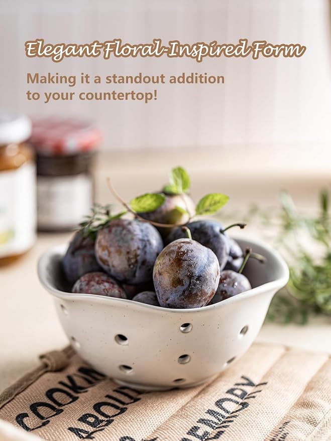 Gomakren Ceramic Berry Basket Set of 2, Rustic Fruit Basket Container 6 Inch, Fruit Bowl with Holes for Kitchen, Berries, Strawberry, Grape, Cherry, Floral Shape - Cream White - Image 5