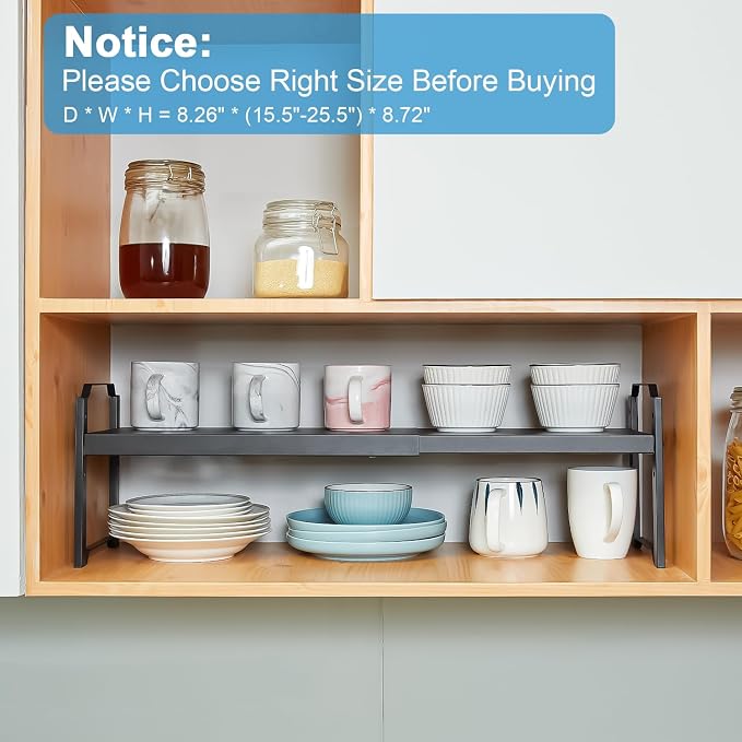 X-cosrack 25.5 Inches 3 Pack Expandable Cabinet Shelves, Stackable Shelf Organizer for Kitchen Cabinet Countertop Storage, Adjustable Counter Cupboard Pantry Organizer Shelf Rack Stand Riser, Black - Image 7