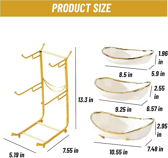 3 Tier Fruit Bowls For Kitchen Counter, Ceramic Fruit Basket Stand | Metal Fruit Serving Tray, Large Capacity, Snacks Nuts Cake Storage Holder for Party (Gold 1) - Image 3