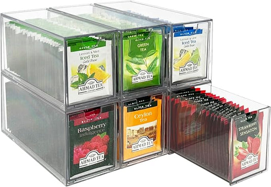 AZEZO 6-Pack Tea Bag Drawers Organizer - 6 Clear Plastic Drawer Tea Bag Holder; Stackable & Portable; Wider Size; Well-Organized Storage for Tea Bags Storage Chests；High Volume by Unknown