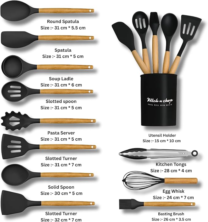 Silicone Kitchen Spatula and Utensils Spoon Set Cooking + Baking Set- 12 Pcs Non-Stick with Wooden Handle-BPA Free,Heat Resistant Item,Flexible Non Toxic Silicon Cookware Tools (Black) - Image 9