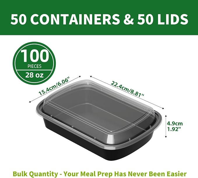 28oz Meal Prep Containers, 50 Pack Disposable Food Storage Boxes with Lids | Heavy Duty, Single Compartment, Leakproof Lids, BPA Free, Microwave Freezer Safe, Plastic To Go Bento Boxes for Lunch Takeout - Image 2