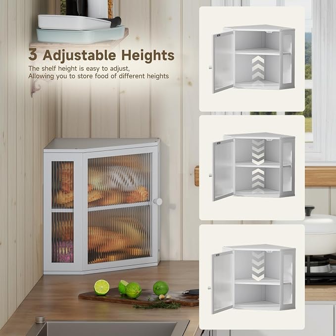 Corner Bread Box for Kitchen Countertop,Bread Storage Bin (White, Medium) | Double Layer Large Capacity Bamboo Bread Container with Acrylic Door,Height Adjustable - Image 5
