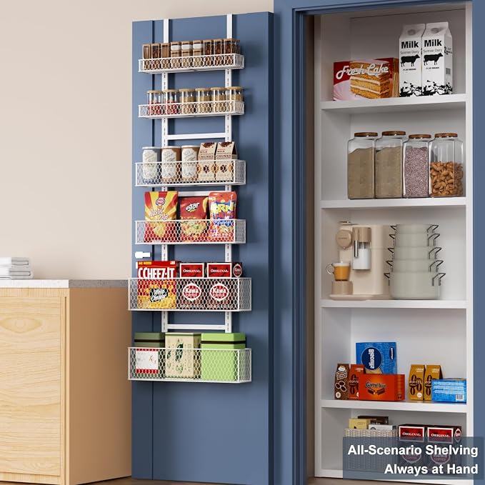 6-Tier Over The Door Pantry Organizer,Hanging Spice Rack,Grid Basket,White | Height Adjustable,Large Capacity,Grid Base for Stable Stoage,For Pantry Door,Laundry Room,Bathroom,Kitchen,D5.3xW15.7xH60.9in - Image 7