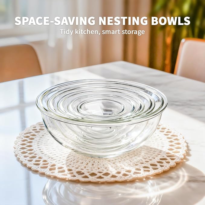 Luvan Glass Mixing Bowl with Lids Set of 5(0.2QT, 0.5QT, 1.1QT, 2.1QT, 3.75 QT), Space-Saving Nesting Bowls Anti-slip Salad Bowls for Storage, Cooking, Microwave,Freezer,Oven and Dishwasher Safe - Image 7