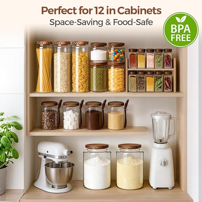 ComSaf Glass Pantry Storage Container with Acacia Wood Lids 1.1/0.5Qt 6Pack | Food Canister for Cooks, Oats Coffee Sugar Nuts Snacks Tea Candy, Pantry Kitchen Living Room, Stacked Design, Jar with Labels - Image 5