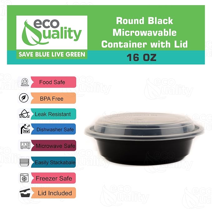16 oz - 150 Count - Round Microwaveable Plastic Meal Prep Containers with Lids - Food Storage Container - Certified BPA-Free, Stackable, Reusable Microwave, Dishwasher, Freezer Safe,Disposable (Black) - Image 2