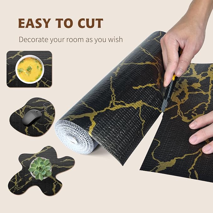 2-Layer Drawer and Shelf Liner for Kitchen Cabinet: 17in X 30Ft Non Slip | Waterproof Shelf Paper Non Adhesive Refrigerator Liners Black/Gold Marble Easy Liners for Bathroom with Knife Tape Measure - Image 7