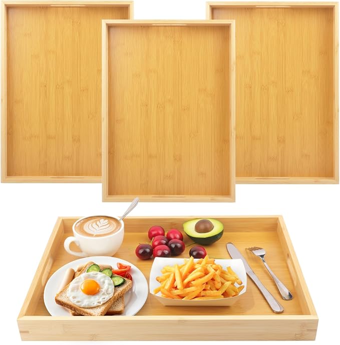 4 Pack 18 x 13 Inch Bamboo Serving Trays with Handle, 18 x 13 x 1.4inch Rectangular Bamboo Bed Trays, Large Lap Trays for Eating on Couch, Perfect for Breakfast, Tea, Bar, Dinner, and Parties by Unknown