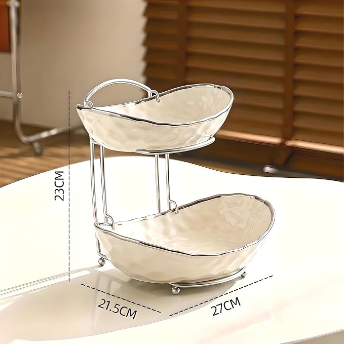 XUDREZ 2 Tier/ 3 Tier Fruit Bowl with Metal Stand for Kitchen Counter, Ceramic Gold Silver White, Portable Tiered Fruit Basket Fruit Rack for Nuts, Snacks, Bread, Candy Storage (White B, 2 Tier) - Image 2