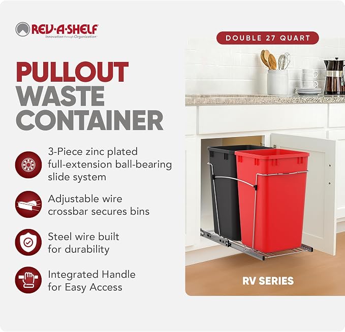 Rev-A-Shelf Pullout Trash Can for Kitchen Cabinets 27 Qt Garbage Recycling Bin with Full Extension Slides, Red/Black, RV-15KD-1618C-S - Image 2