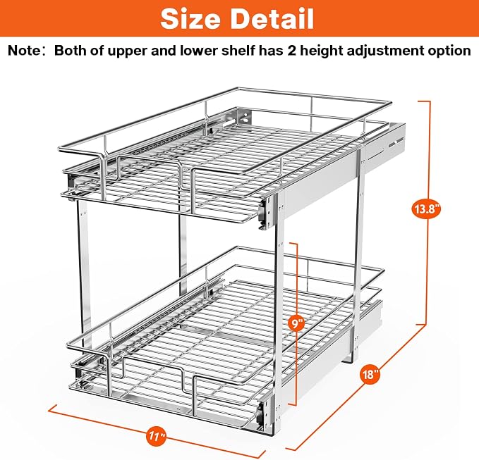 ROOMTEC Individual Pull Out Cabinet Organizer (11"W x 18"D), 2 Tier Spice Rack Organizer for Cabinet, Slide Out Drawer Pantry Shelf Organization and Storage for Kitchen Bathroom - Image 3