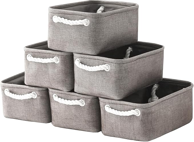 Foldable Small Storage Baskets with Strong Cotton Rope Handles [6-Pack] Gray Collapsible Storage Bins Set Works Room Storage, Nursery Baskets by TheWarmHome