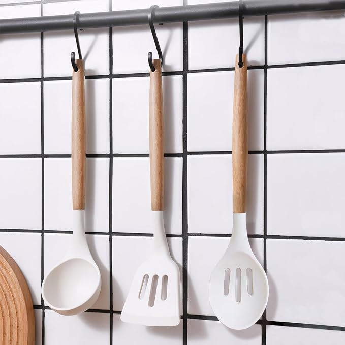 Kitchen Cooking Utensils Set 6Pcs Non-Stick Silicone Kitchen Utensils Spatula Spoon Turner Ladle Pasta Server, Heat Resistant Wooden Handle Silicone Cooking Gadgets Sets for Cookware & Baking - Image 8