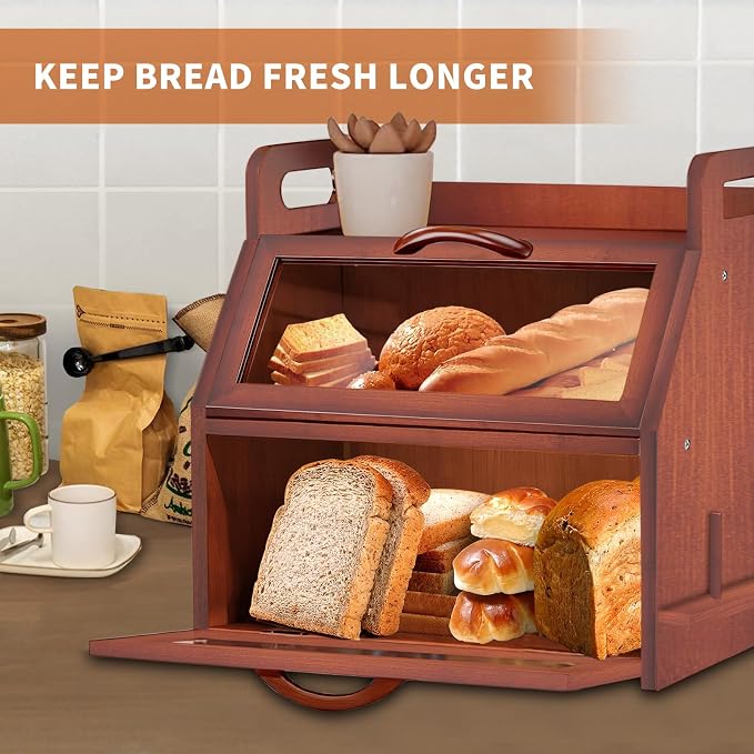 BAMBANG Bread Box for Kitchen Countertop, Extra Large Double Layer Bamboo Breadbox with Clear Window, Farmhouse Wooden Bread Storage Container for Homemade Bread, Knife & Cutting Board Holder, Brown - Image 4