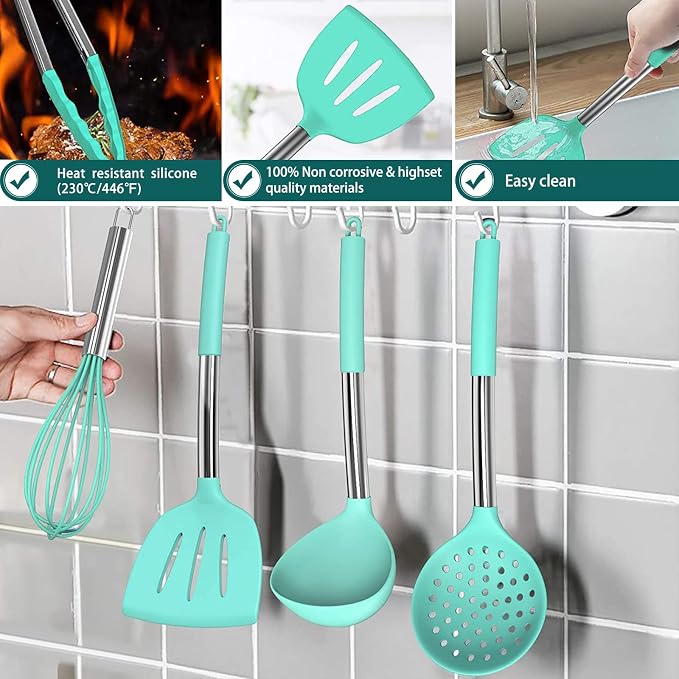 Silicone Cooking Utensil Set, Umite Chef 15pcs Silicone Cooking Kitchen Utensils Set, Non-stick - Best Kitchen Cookware with Stainless Steel Handle - Green - Image 6