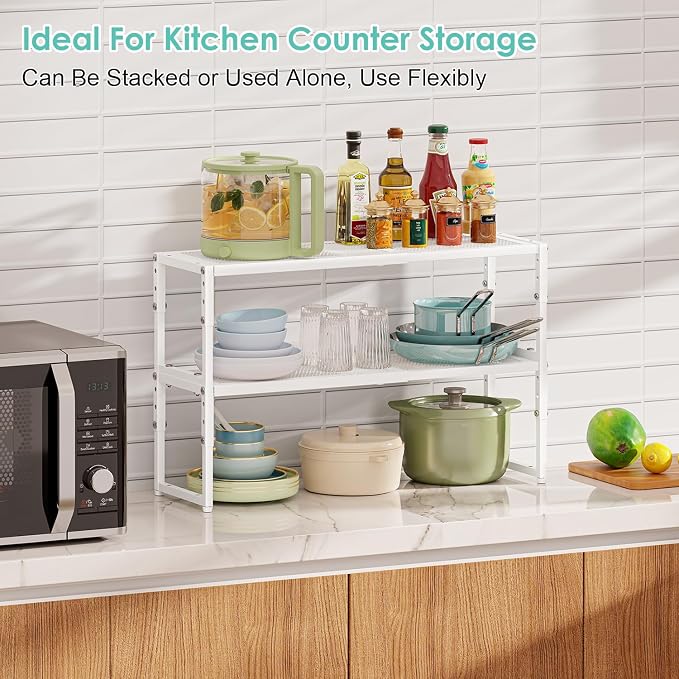 Expandable Cabinet Shelf Organizer, 15.5–25.5 Inch Length, Height Adjustable Metal Wire Storage Shelves for Kitchen, Pantry, Cupboard & Closet, Stackable Storage Rack for Dishes, Plates, Cups & Spices - Image 4
