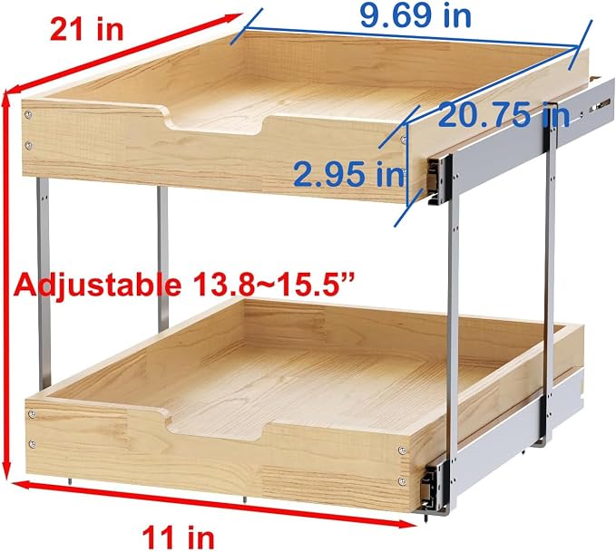 Sikarou Wood Pull Out Cabinet Organizer 2 Tie 11" W x 21" D for 12" Cabinet Opening, Heavy-Duty Sliding Drawers for Inside Cabinets Storage and Organization for Kitchen, Pantry, Bathroom - Image 2