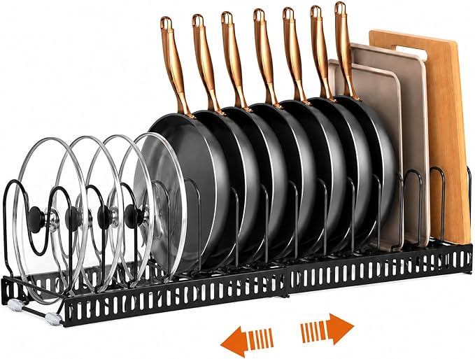 Pots and Pans Organizer Rack,Expandable Pot Lid Holder for Kitchen Cabinet | 11.81''-22.85'' Metal Rack with 12 Adjustable Dividers,Multifunctional Organizer for Cookware Bakeware Cutting Board Storage by TIVMIK