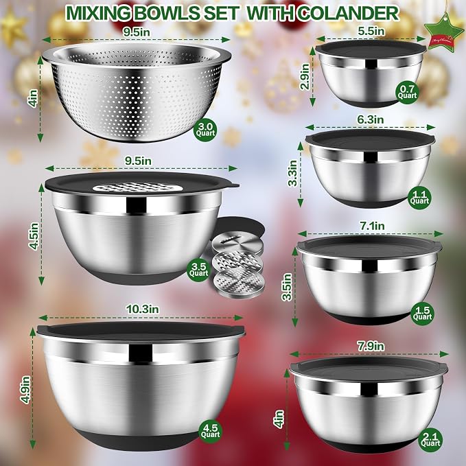 DUTZUN Mixing Bowls with Lids Set - 16pcs Stainless Steel Mixing Bowl Set with Colander, 3 Grater Attachments, Non-Slip Bottom, Metal Nesting Bowls with Strainer for Mixing & Serving - Black - Image 2