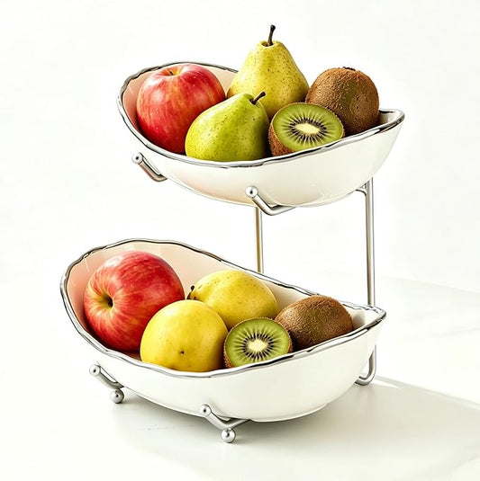 2-Tier Fruit Bowls for Kitchen Counter,Ceramic White Bowl with Silver Metal Stand,2 Tier Fruit Basket for Fruit,Snack,Cake,Nuts,Dessert Space Saving Storage by Afeyibu