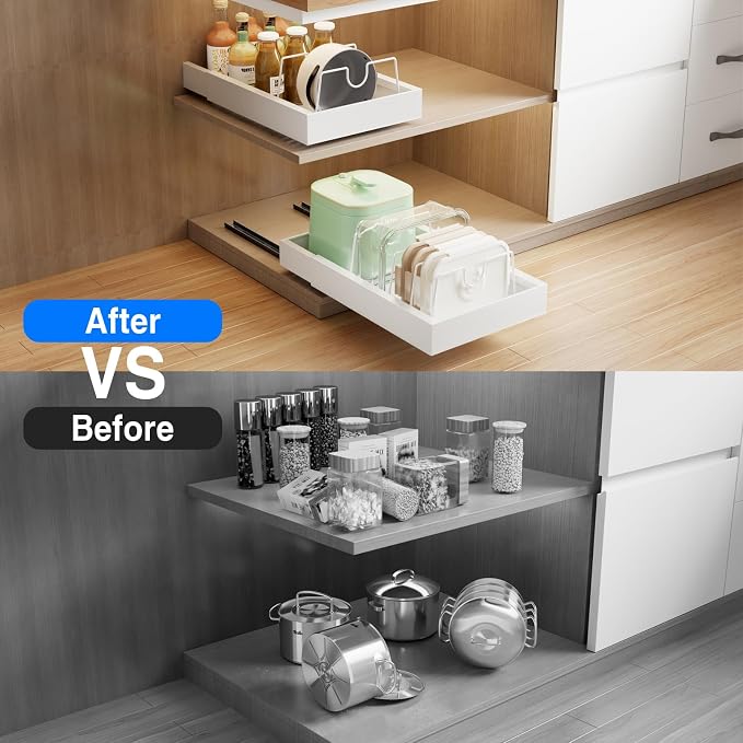 Mustorn 2 Pack Pull Out Cabinet Organizer with 8 Dividers,21.8" Deep Slide Out Drawers for Cabinets Adhesive Pull Out Drawers Heavy Duty Pull Out Shelves for Kitchen, Cupboard, Pantry, Bathroom-White - Image 5