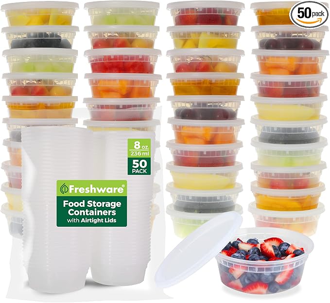 Freshware Food Storage Containers [50 Set] 8 oz Plastic Deli Containers with Lids, Slime, Soup, Meal Prep Containers, BPA Free, Stackable, Leakproof, Microwave, Dishwasher and Freezer Safe by Freshware