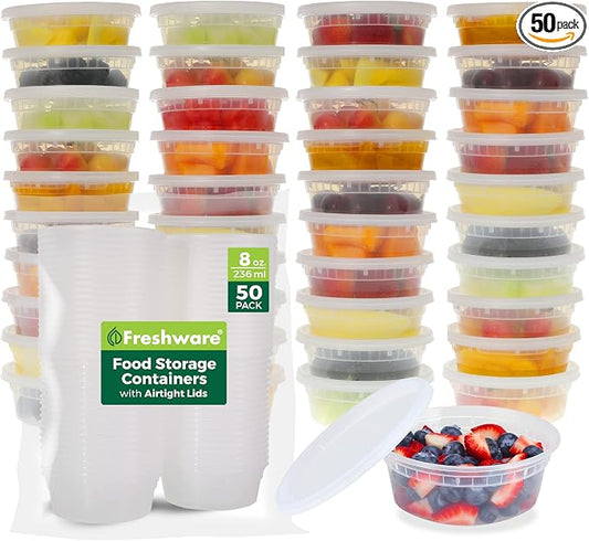 Freshware Food Storage Containers [50 Set] 8 oz Plastic Deli Containers with Lids, Slime, Soup, Meal Prep Containers | BPA Free | Stackable | Leakproof | Microwave/Dishwasher/Freezer Safe by Freshware