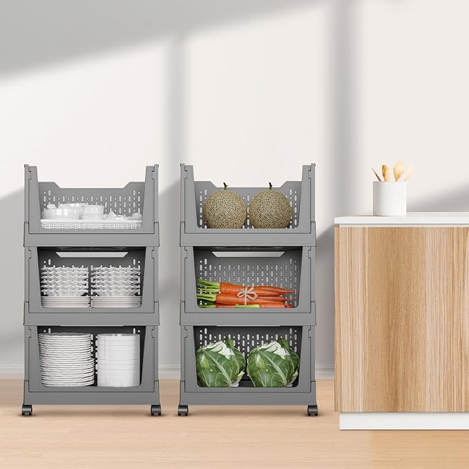 Stackable Storage Bins, Foldable Closet Organizers and Storage Bins Box, Plastic Shelves Drawer Organizer Container for Closet Office Bedroom Kitchen Bathroom with Wheels, Grey, 3 Pack - Image 7