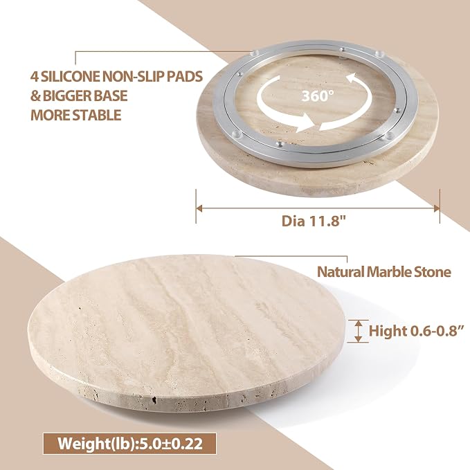 Travertine Lazy Susan for Table Top, 12 in Lazy Susan Turntable Organizer for Cabinet Pantry Kitchen Countertop Fridge Bathroom Makeup Vanity Countertop - Image 2