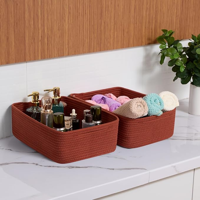 MiniArk Large Shallow Organizing Baskets 15x11x5.1 Inches - Rope Woven Storage Bins for Bathroom, Shelves, Cube Closet, Red 2 Packs - Image 6