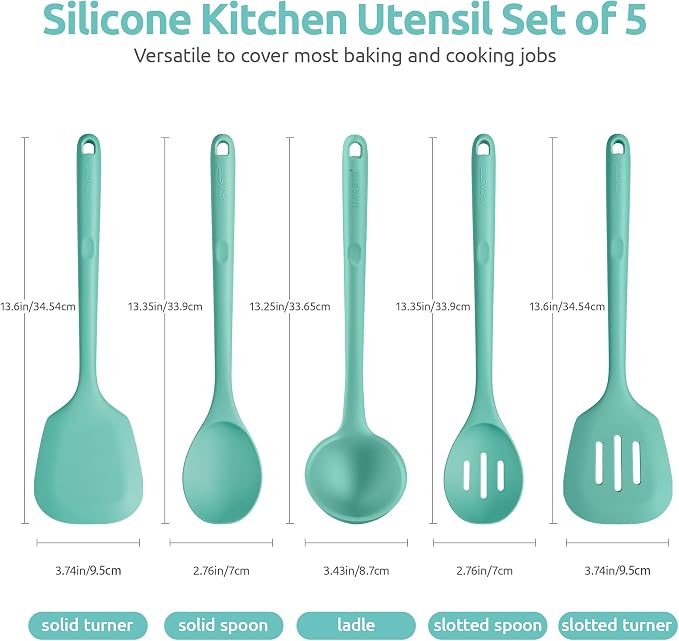 U-Taste Silicone Kitchen Cooking Utensil Set of 5, 13.6" Long, Aqua Sky | 600ºF Heat Resistant Food Grade Kitchen Tools&Gadgets, Extra Long Wide Spatula Turner Spoon Ladle for Serving Mixing Stirring - Image 2