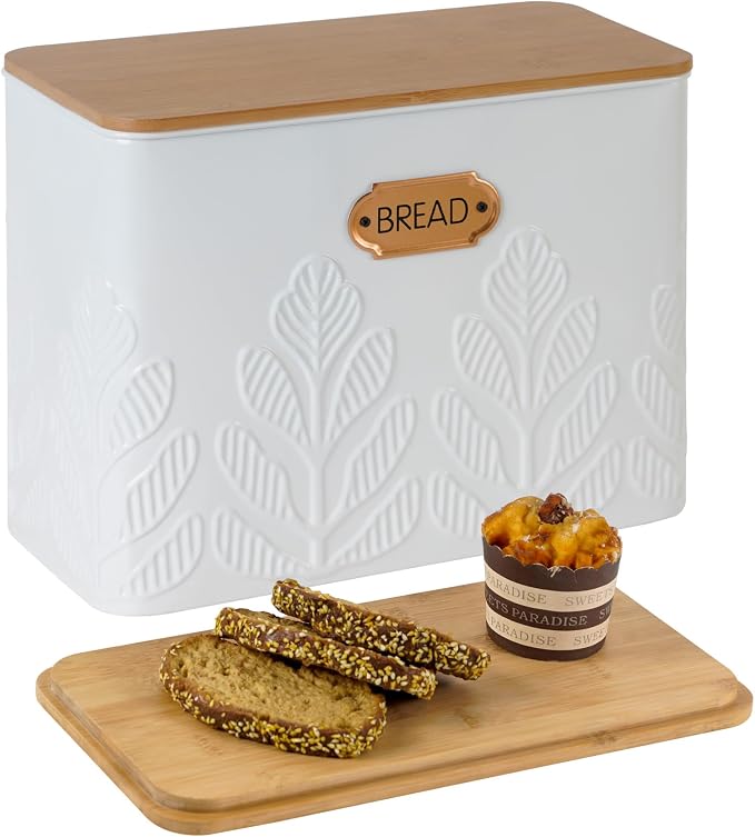 Extra Large Plant Pattern Embossed Bread Box with Bamboo Lid | Corner Breadbox for Homemade Bread, White Metal Bread Storage Container Bin for Kitchen Countertop, Fits 2 Loaves of Bread by Unknown