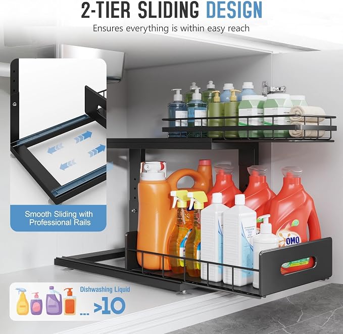 Under Sink Organizer Upgrade To Professional Rails,2-Tier Dual Pull Out Cabinet Storage,Height Adjustable Slide Out Drawers For Bathroom Kitchen,2 Pack-16.7"Dx12.8"-16.9"H,Black - Image 5
