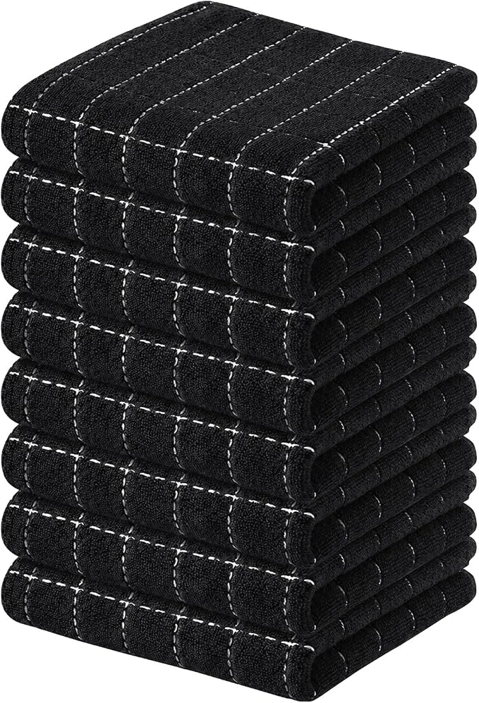 Kitinjoy 100% Cotton Terry Kitchen Towels, 13”x 28”, 8-Pack, Black | Checkered Designed, Ultra Soft Absorbent Quick Drying Dish Towels by Kitinjoy