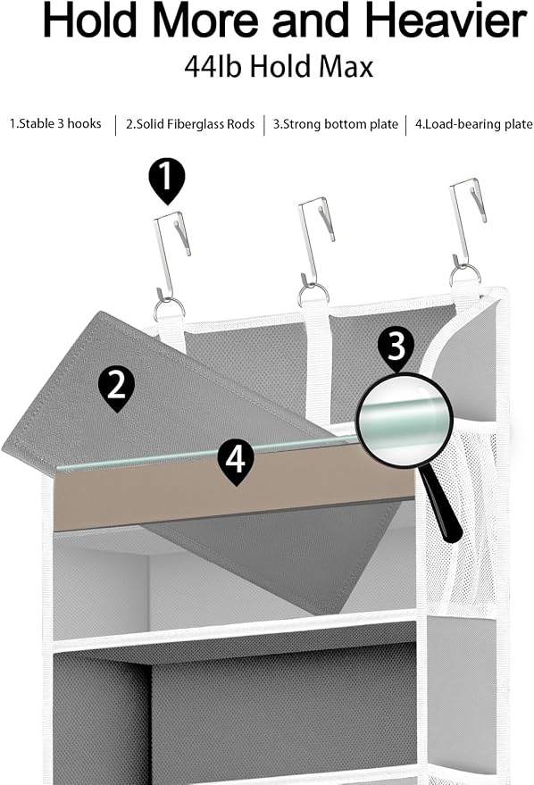 TAHAVICE 1 Pack Over The Door Storage Organizer with 5 Large Pockets | 44 lbs Weight Capacity Door Hanging Organizers with 10 Mesh Pockets for Bedroom,Bathroom,Nursery,Kidroom(Light Gray) - Image 3