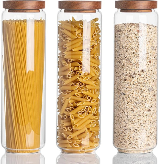Kanwone Airtight Food Storage Containers Set of 3, 54 Ounce Glass Storage Containers with Bamboo lids, Clear Glass Canisters for Pantry, kitchen, Flour, Sugar, Tea, Coffee, Cookies, Spice and Herbs by Kanwone