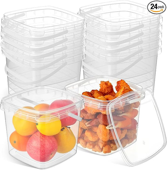 24 Pcs 101 oz Square Deli Containers with Lids and Handles, Clear Plastic Storage Buckets, Stackable Reusable Food Containers for Meal Prep, Snacks, Craft Supplies, Toys, Kitchen, Pantry, Restaurant by Domensi