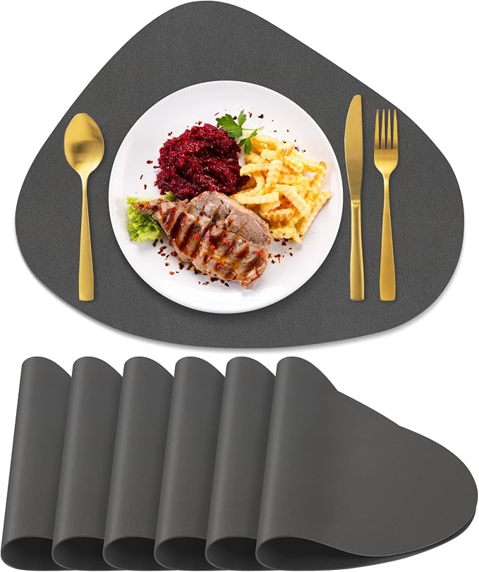 Faux Leather Placemats Set of 6, Wipeable & Washable Table Mats | Waterproof, Heat-Resistant & Easy to Clean Round Place Mats for Dining & Kitchen, 17''x13'', Dark Grey by Delicateandelegantplacemats